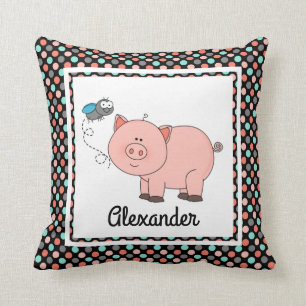 Niedliches Schwein auf schwarzen w-Farben, Kissen