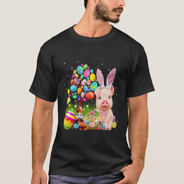 Niedliches Schwein Bunny Egg Jagd farbenfrohe Eier T-Shirt (Vorderseite)