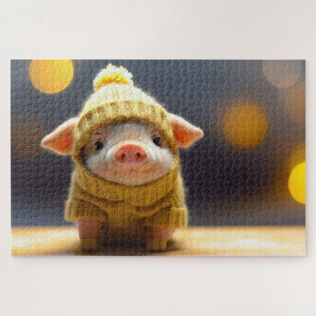 niedliches Schwein im Anzug aus Gewirken im Winter Puzzle (Horizontal)