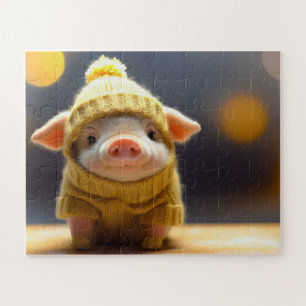 niedliches Schwein im Anzug aus Gewirken im Winter Puzzle