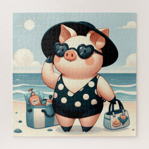 Niedliches Schwein im Polka-Punkt-Badeanzug am Str Puzzle