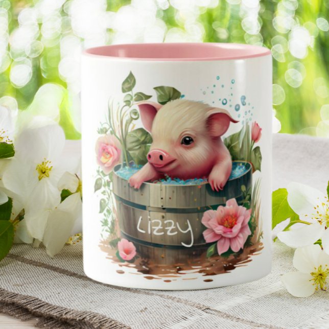 Niedliches Schwein in einem Eimer Rosa Blume Perso Zweifarbige Tasse (Von Creator hochgeladen)
