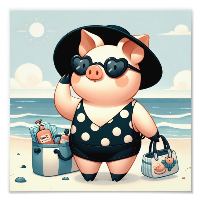 Niedliches Schwein in Polka Dot Swimsuit am Strand Fotodruck (Vorne)