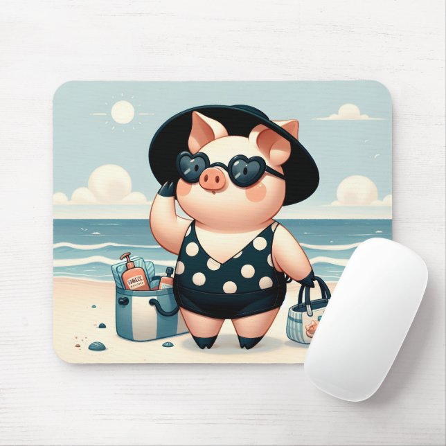 Niedliches Schwein in Polka Dot Swimsuit am Strand Mousepad (Mit Mouse)