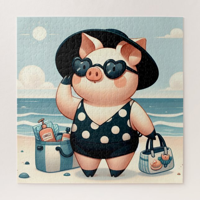 Niedliches Schwein in Polka Dot Swimsuit am Strand Puzzle (Vertikal)