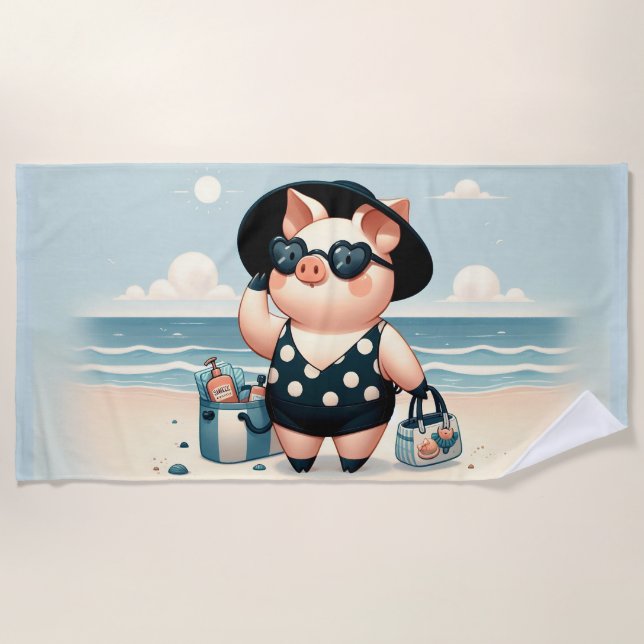 Niedliches Schwein in Polka Dot Swimsuit am Strand Strandtuch (Vorderseite)