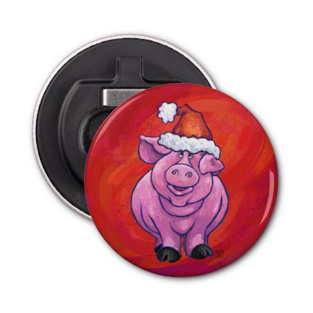 Niedliches Schwein in Weihnachtsmannmütze auf Rot Flaschenöffner (Vorderseite)