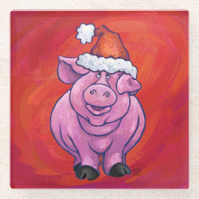 Niedliches Schwein in Weihnachtsmannmütze auf Rot Glasuntersetzer (Vorderseite)