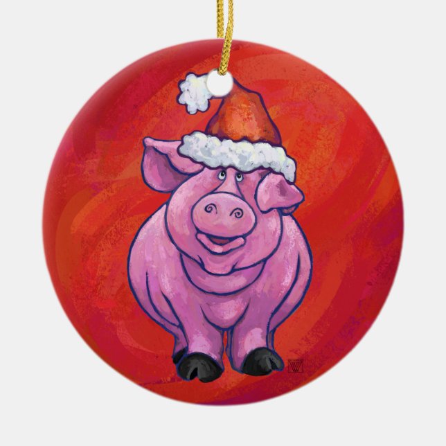 Niedliches Schwein in Weihnachtsmannmütze auf Rot Keramik Ornament (Vorne)