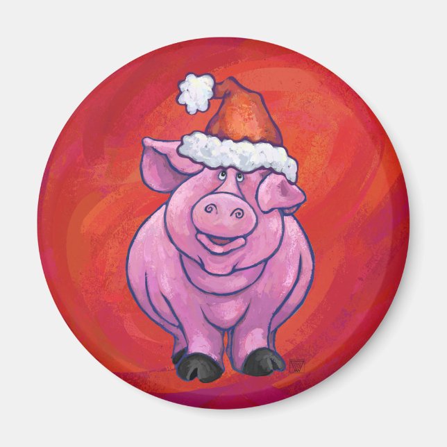 Niedliches Schwein in Weihnachtsmannmütze auf Rot Magnet (Vorne)