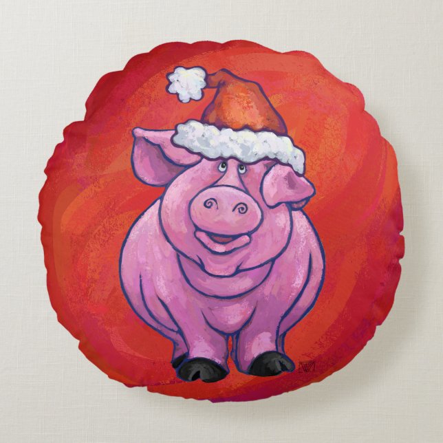 Niedliches Schwein in Weihnachtsmannmütze auf Rot Rundes Kissen (Vorderseite)