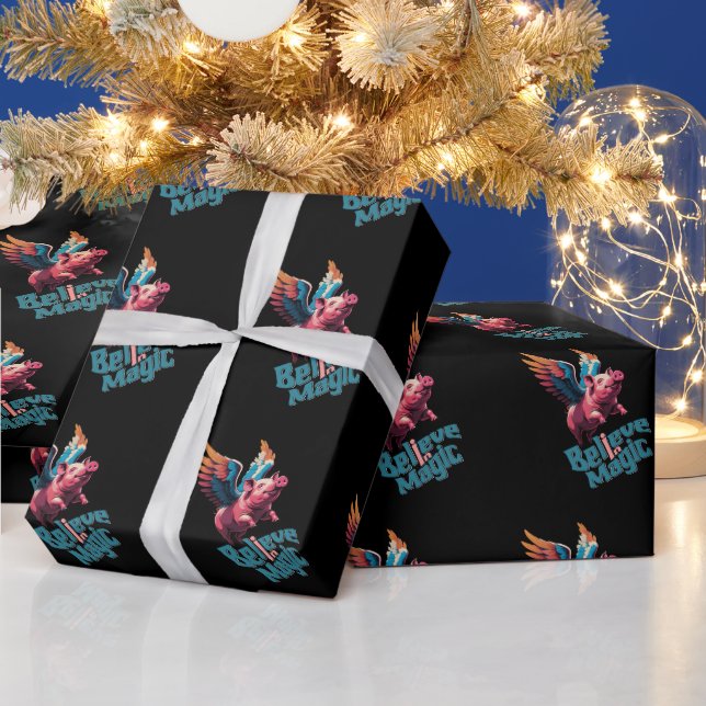 Niedliches Schwein mit farbigen Flügeln | Glaube a Geschenkpapier (Feiertage)