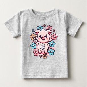 Niedliches Schwein mit Peace Sign & Themed Blume d Baby T-shirt