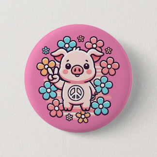 Niedliches Schwein mit Peace Sign & Themed Blume d Button