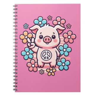 Niedliches Schwein mit Peace Sign & Themed Blume d Notizblock