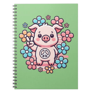 Niedliches Schwein mit Peace Sign & Themed Blume d Notizblock
