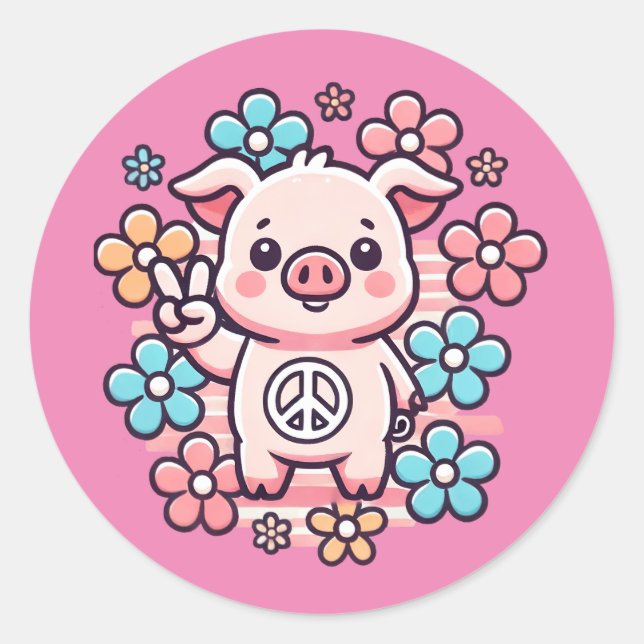 Niedliches Schwein mit Peace Sign & Themed Blume d Runder Aufkleber (Vorderseite)