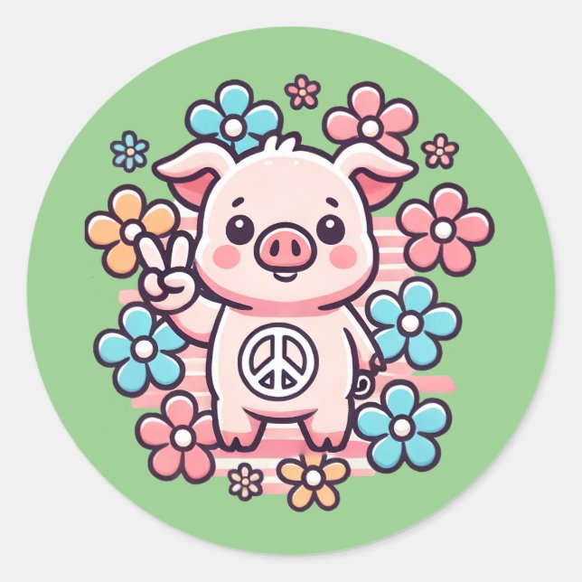 Niedliches Schwein mit Peace Sign & Themed Blume d Runder Aufkleber (Vorderseite)