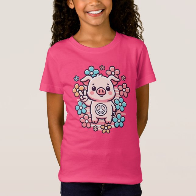 Niedliches Schwein mit Peace Sign & Themed Blume d T-Shirt (Vorderseite)