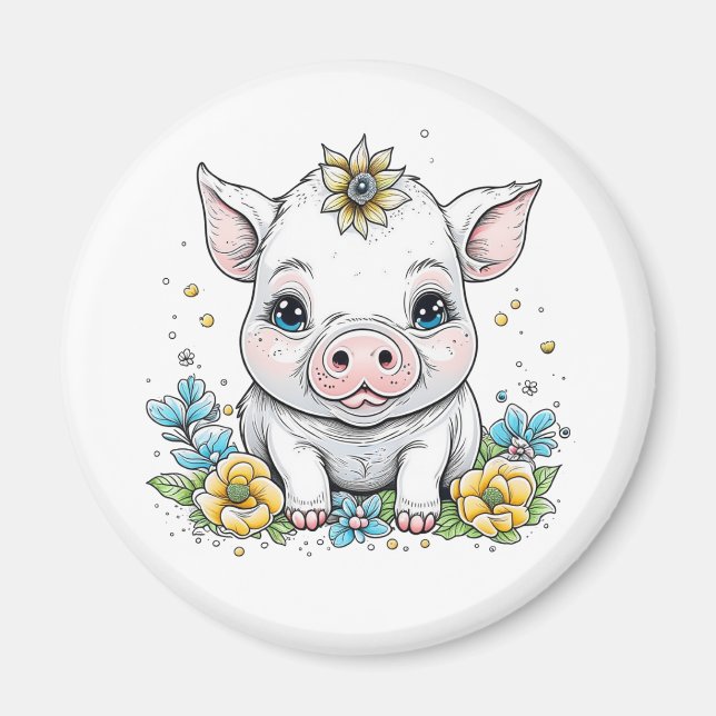 Niedliches Schweine bei Blume Cartoon Magnet (Vorne)