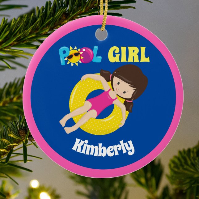 Niedliches Schwimmbad Girl Custom Pink Blue Keramik Ornament (Von Creator hochgeladen)