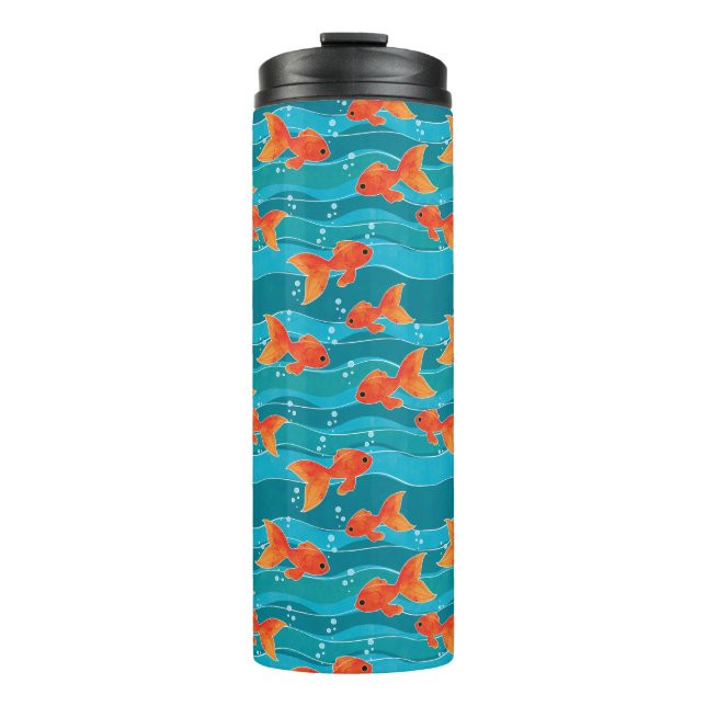 Niedliches Schwimmen Goldfish & Wassermuster Thermosbecher (Vorderseite)