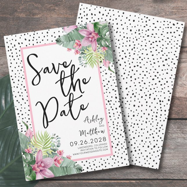 Niedliches Script Tropical Wedding Save The Date (Colorful Floral Palm Watercolor Tropical Wedding Save The Date)