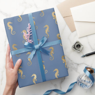 Niedliches Seepferd Blue Gold Mermaid Theme Party  Geschenkpapier