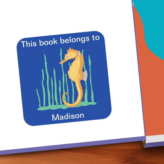 Niedliches Seepferd, das zu Buchzeichen gehört Quadratischer Aufkleber (Cute Seahorse This Belongs To Personalized Bookplate)