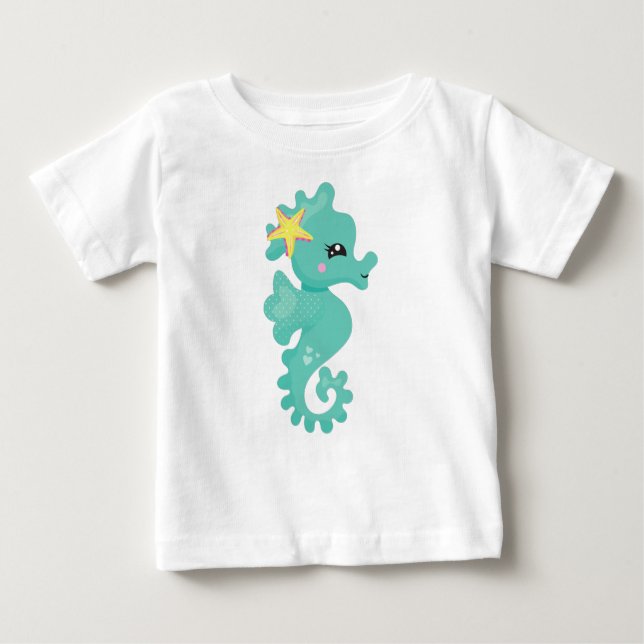 Niedliches Seepferd, grünes Seepferd, Starfish, He Baby T-shirt (Vorderseite)