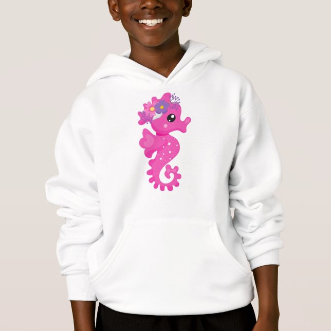 Niedliches Seepferd, rosa Seepferd, Blume, Seashel Hoodie (Vorderseite)