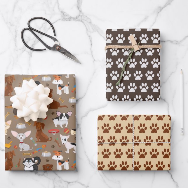 Niedliches Set von 3 Hunden und Pfauen Geschenkpapier Set (Vorderseite)