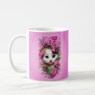 Niedliches Shabby Chic Kitten mit rosa Rosen Kaffeetasse