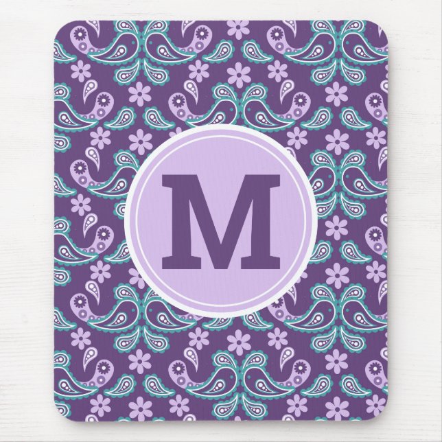Niedliches Shabby Chic Lila und blau Paisley Monog Mousepad (Vorne)