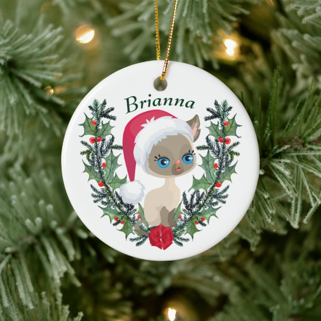 Niedliches Siamese Kitten Weihnachtsfest Keramik Ornament (Baum)