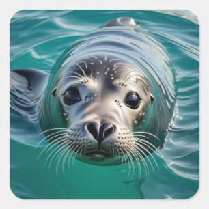 Niedliches Siegel, das seinen Kopf aus dem Wasser Quadratischer Aufkleber