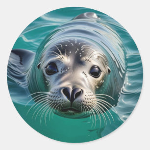 Niedliches Siegel, das seinen Kopf aus dem Wasser  Runder Aufkleber