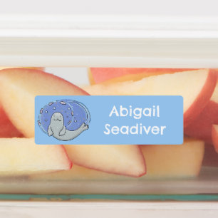 Niedliches Siegel und Fischblauer Cartoon personal Etiketten