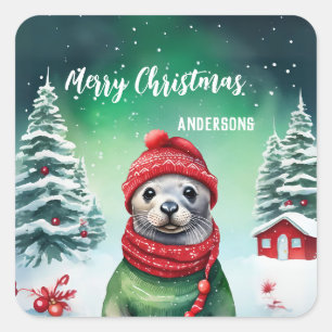Niedliches Siegel Weihnachten Weihnachten Party Quadratischer Aufkleber