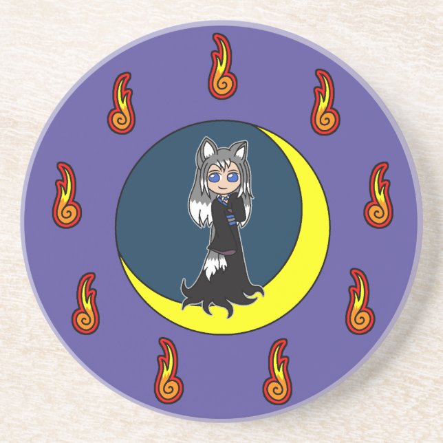 Niedliches silberner Fox-Mädchen (Kitsune) Sandstein Untersetzer (Vorne)