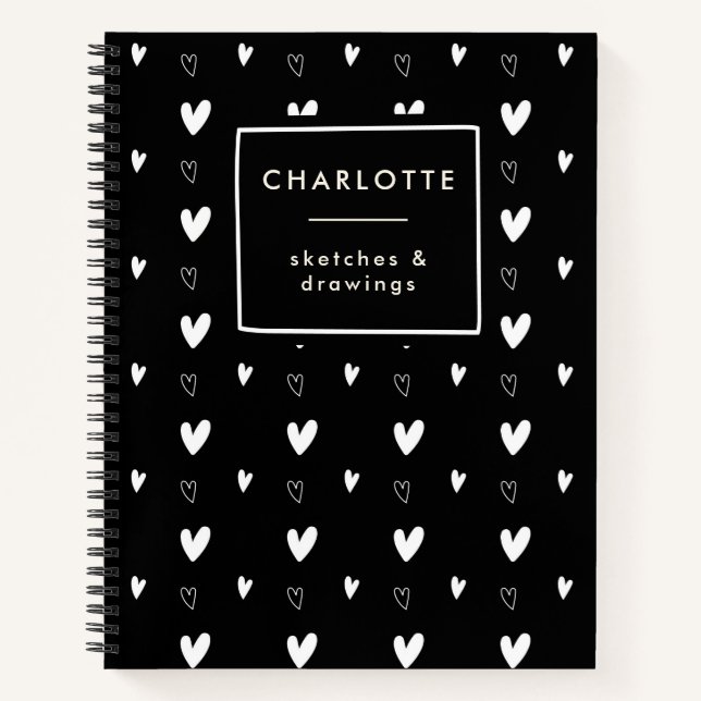 Niedliches skandinavisches Herzmuster Schwarz Pers Notizbuch (Vorderseite)