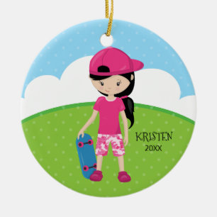 Niedliches Skateboard-Mädchen-personalisiertes Keramikornament