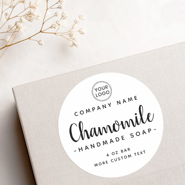 Niedliches Skriptbenutzerdefiniertes Logo Runder Aufkleber (Cute script custom logo white product label)