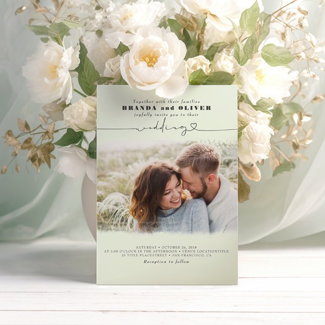 Niedliches SkriptHochzeit mit elegantem Foto Einladung (Sage Green Wedding Photo Invitations)