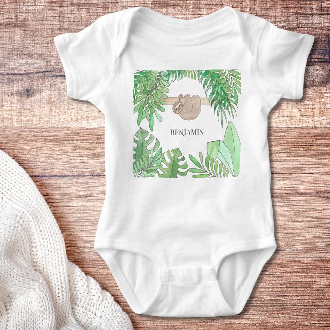 Niedliches Sloth Baby Jungle Blätter Aquarellname Baby Strampler (Von Creator hochgeladen)