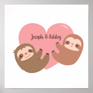Niedliches Sloth Couple Hugging Herz, Zimmerdekor Poster