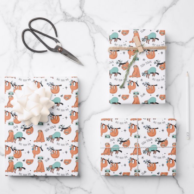 Niedliches Sloth-Muster Geschenkpapier Set (Vorderseite)