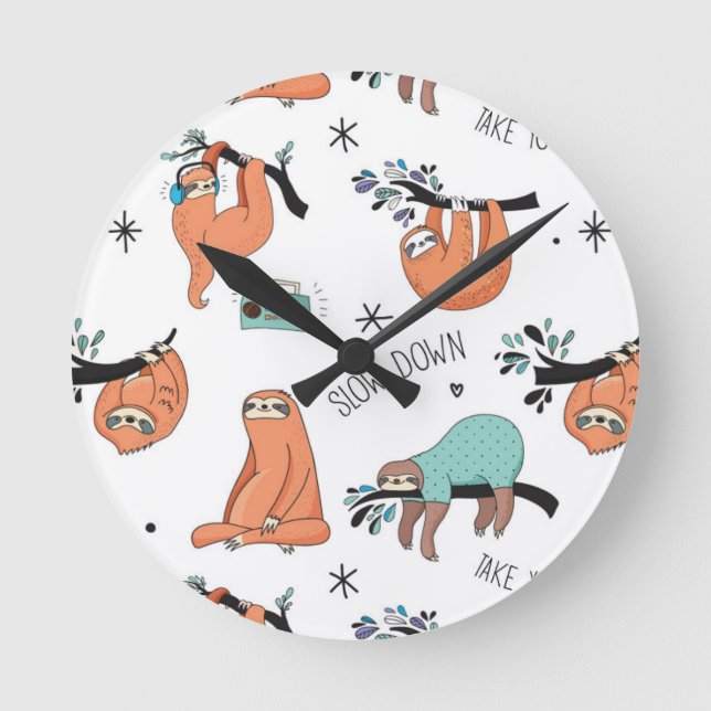 Niedliches Sloth-Muster Runde Wanduhr (Vorderseite)