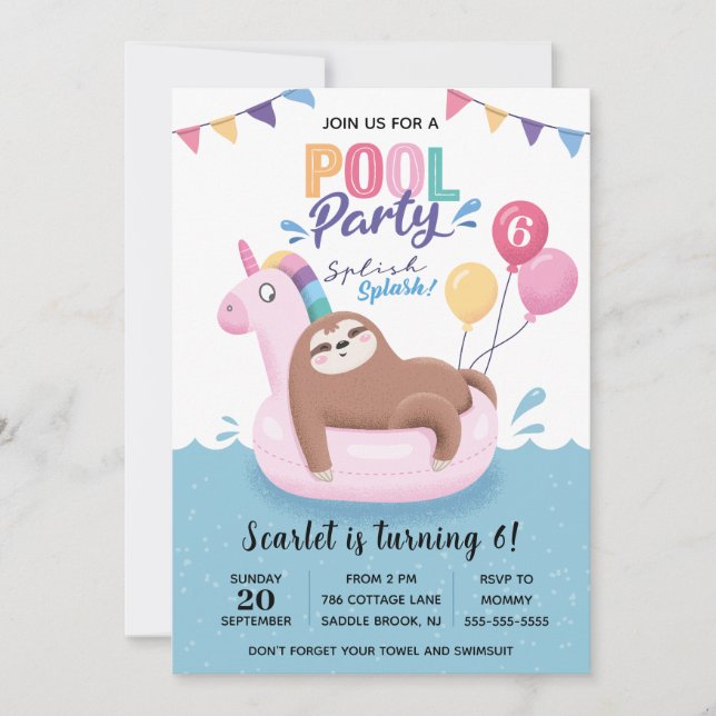 Niedliches Sloth Pool Party Geburtstag Einladung (Vorderseite)