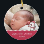 Niedliches Snowman Doodle Baby's First Christmas F Keramik Ornament<br><div class="desc">Ein niedliches personalisiertes Foto Weihnachtsschmuck mit einem kantigen Streifen und einem kleinen Schneemobil. Personalisieren Sie mit dem Namen Ihres Babys und dem Jahr der Weihnachten. Schneeflocken umschließen das Ornament.</div>